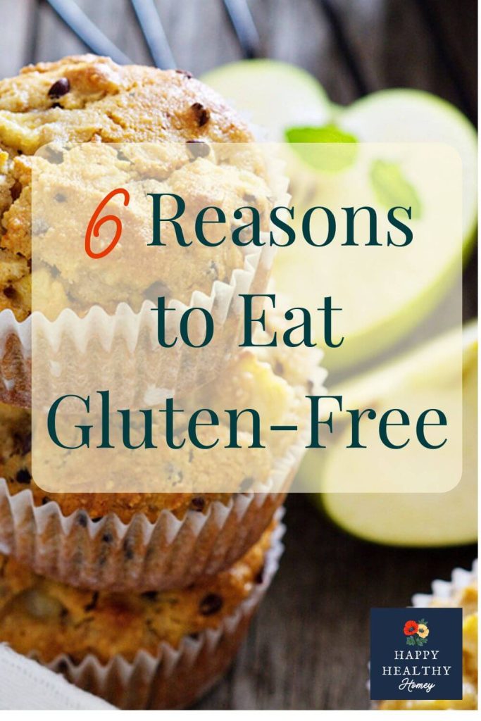 Close-up of a stack of gluten-free apple muffins with chocolate chips, with text overlay reading ‘6 Reasons to Eat Gluten-Free’ and sliced green apples in the background.