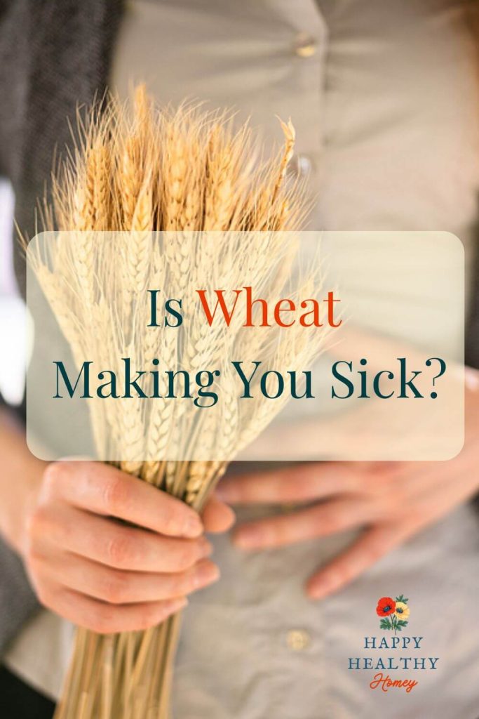 A woman holds her stomach with one hand and a bundle of wheat in the other, with the text “Is Wheat Making You Sick?” overlaid, suggesting a link to gluten-related illness.