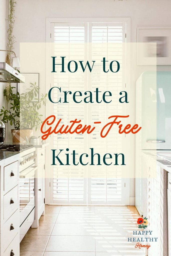 Bright white kitchen with text overlay reading ‘How to Create a Gluten-Free Kitchen,’ representing a clean, organized, and safe cooking space.