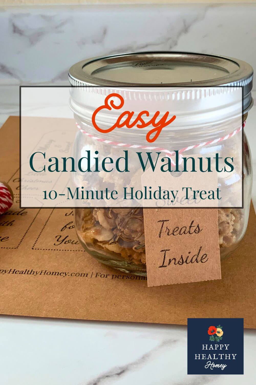 Jar of homemade candied walnuts with a festive tag, displayed on printable Christmas gift tags. A simple, gluten-free holiday food gift idea made with just a few ingredients.