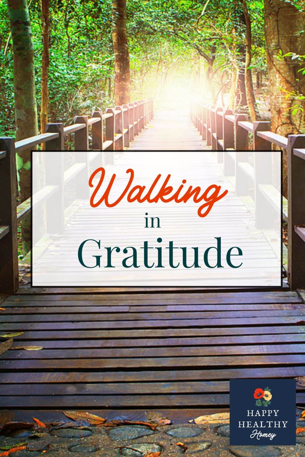 Wood bridge surrounded by trees and a bright light at the end of the bridge. The words "Walking in Gratitude" are written on a text overlay.