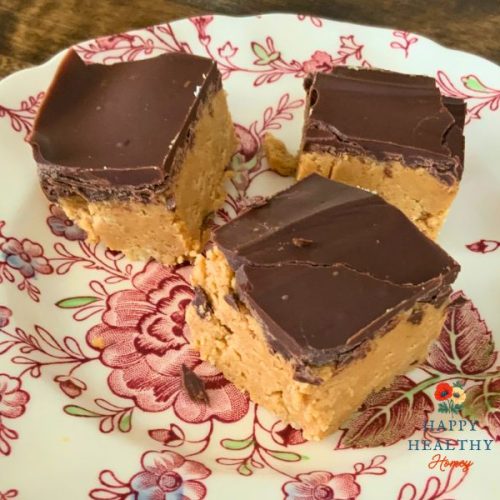 Three no-bake chocolate peanut butter bars on floral plate.