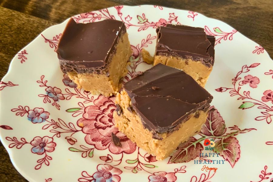 Three no-bake chocolate peanut butter bars on floral plate.