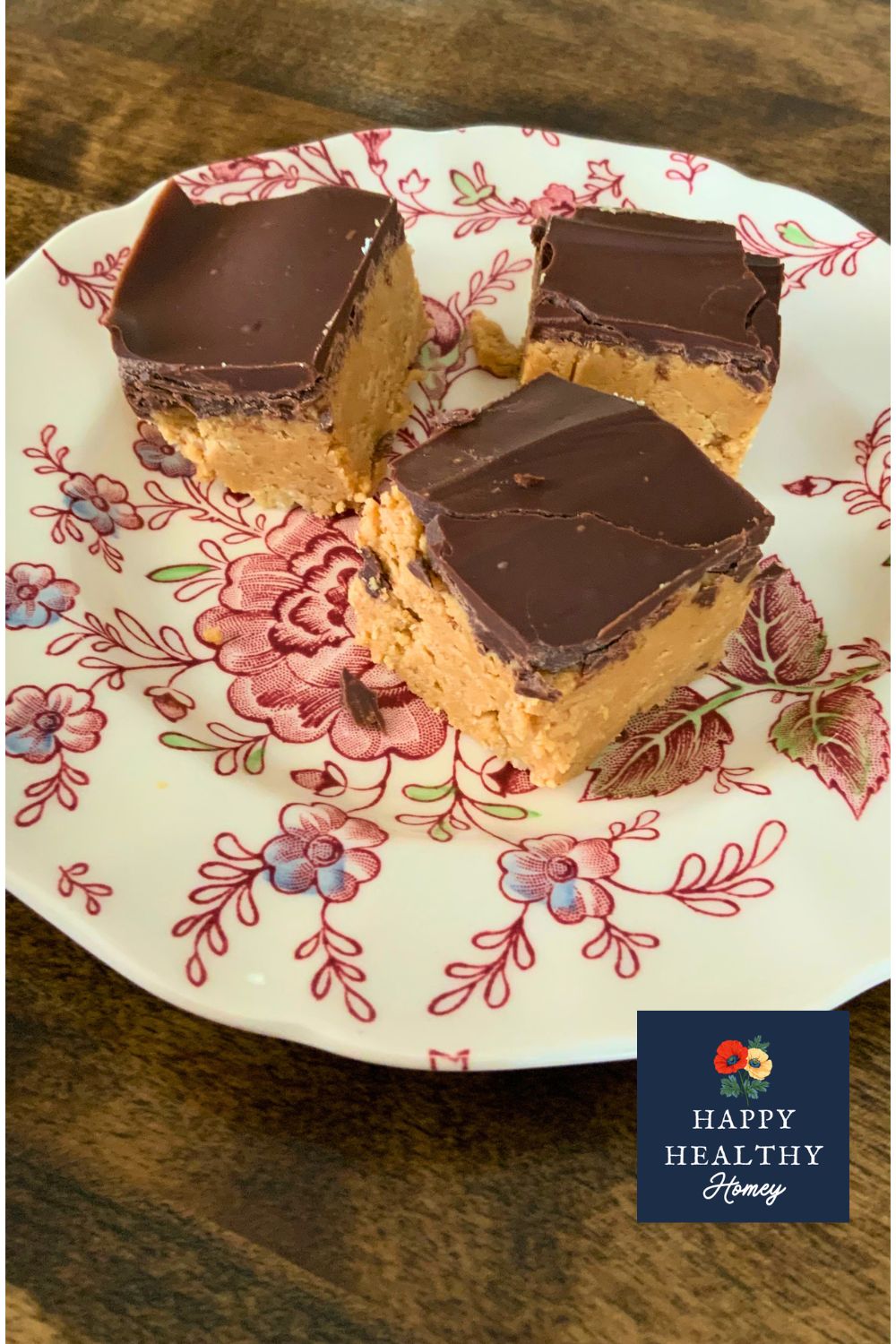 Gluten-Free No-Bake Chocolate Peanut Bars on a floral plate.