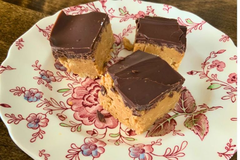 Gluten-Free-No-Bake-Peanut Butter Bars on a pretty plate.